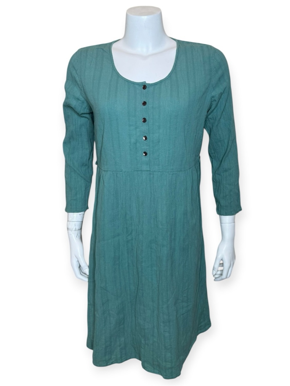 Gudrun Sjoden Henley Scoop-Neck Dress M Crinkle Cotton Lagenlook Green